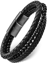 Load image into Gallery viewer, Stacked Black Leather &amp; Black Onyx Bead Bracelet