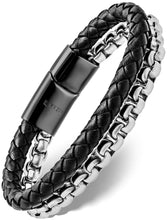 Load image into Gallery viewer, Black Leather &amp; Silver Box Chain Bracelet