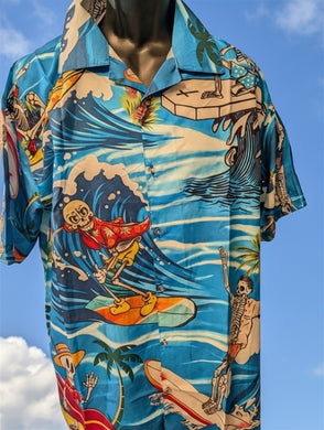 Surfing Skeleton Hawaiian Shirt Men’s Tropical Button-Up Aloha Beachwear ~New~