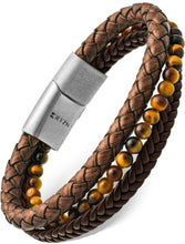 Load image into Gallery viewer, Stacked Brown Leather &amp; Tiger Eye Bead Bracelet