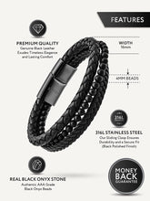 Load image into Gallery viewer, Stacked Black Leather &amp; Black Onyx Bead Bracelet