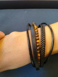 5 String Leather Bracelet with Tiger Eye Beads & Magnetic Clasp