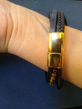 Load image into Gallery viewer, 5 String Leather Bracelet with Tiger Eye Beads &amp; Magnetic Clasp