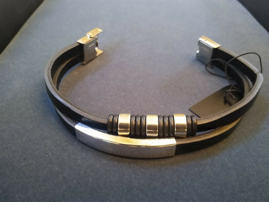 2 Strand Black PU Leather / Steel Bracelet. Be a Rockstar! ~New~