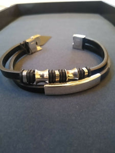2 Strand Stainless Steel Beaded Black PU Leather Bracelet. Be a Rockstar! ~New~